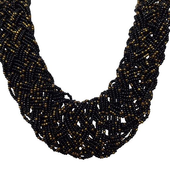 Black Rice Seed Beaded Thick Braided Statement Necklace Costume Jewelry - Picture 1 of 4